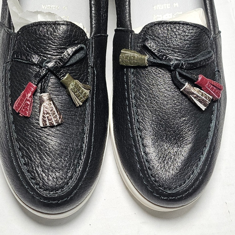 Vitaform Black Leather Tassel Loafers Slip On Low Wedge Shoes Womens 7.5/38 NEW - Picture 3 of 13